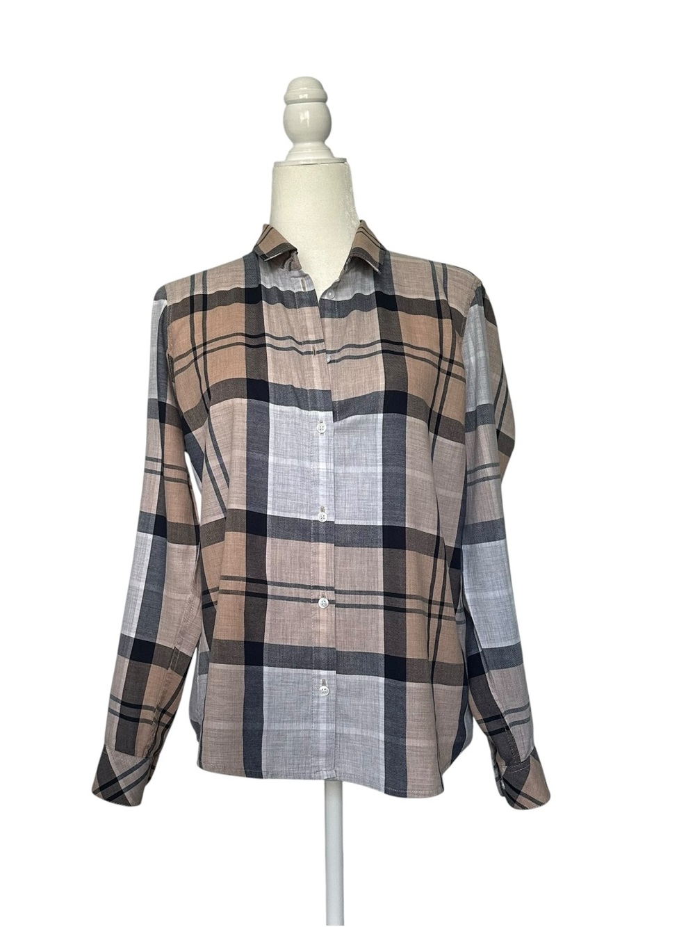 Barbour navy blue, tan & white plaid button through cotton shirt size 8 summer